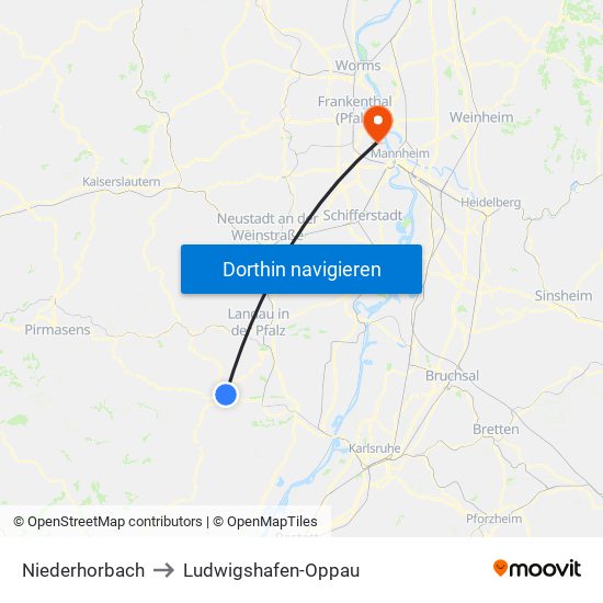 Niederhorbach to Ludwigshafen-Oppau map