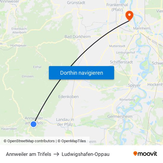 Annweiler am Trifels to Ludwigshafen-Oppau map