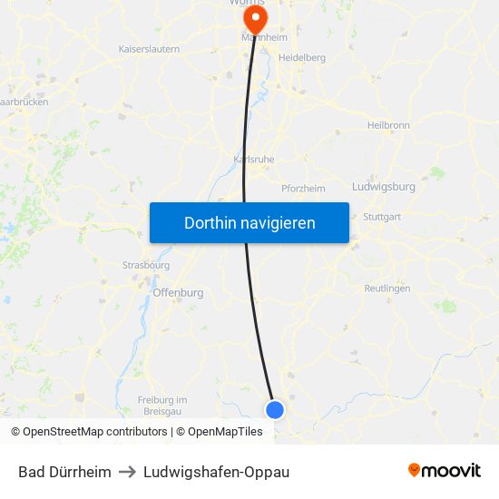 Bad Dürrheim to Ludwigshafen-Oppau map