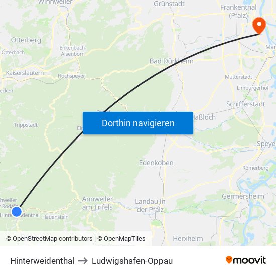 Hinterweidenthal to Ludwigshafen-Oppau map