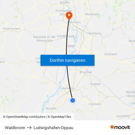 Waldbronn to Ludwigshafen-Oppau map