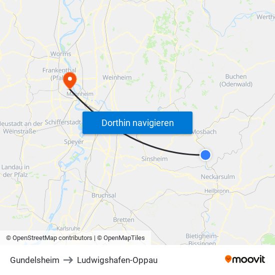 Gundelsheim to Ludwigshafen-Oppau map