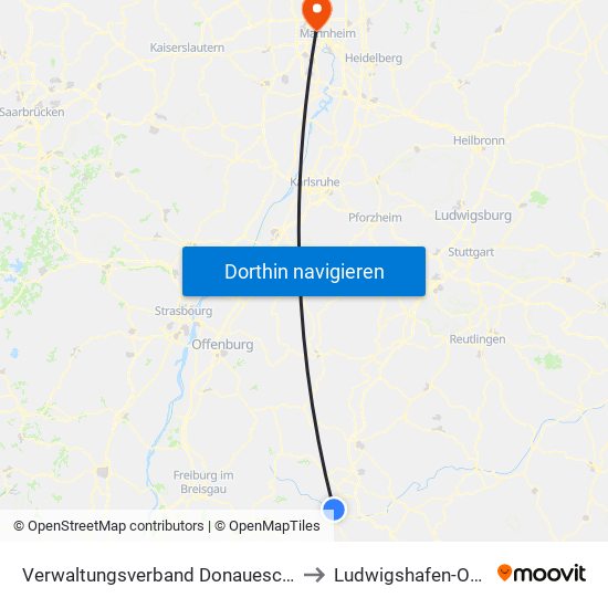 Verwaltungsverband Donaueschingen to Ludwigshafen-Oppau map