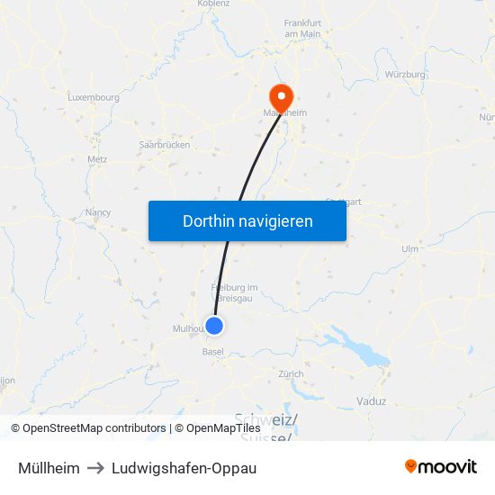 Müllheim to Ludwigshafen-Oppau map