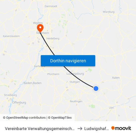 Vereinbarte Verwaltungsgemeinschaft Der Stadt Göppingen to Ludwigshafen-Oppau map