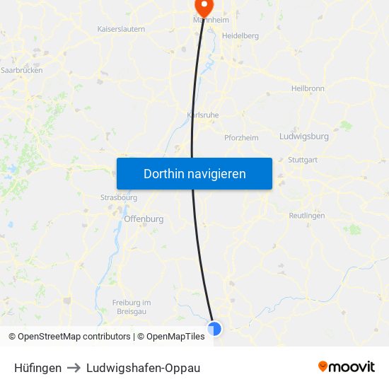 Hüfingen to Ludwigshafen-Oppau map