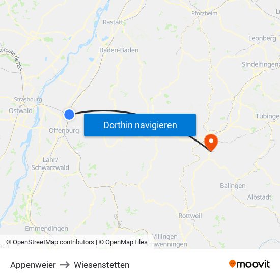 Appenweier to Wiesenstetten map