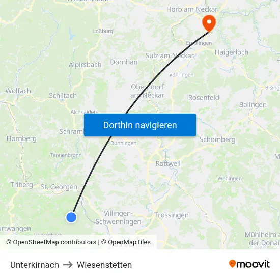 Unterkirnach to Wiesenstetten map