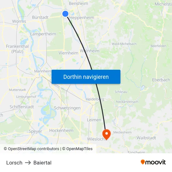 Lorsch to Baiertal map
