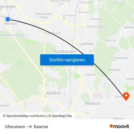 Oftersheim to Baiertal map