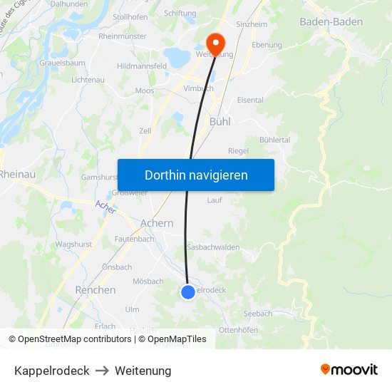 Kappelrodeck to Weitenung map