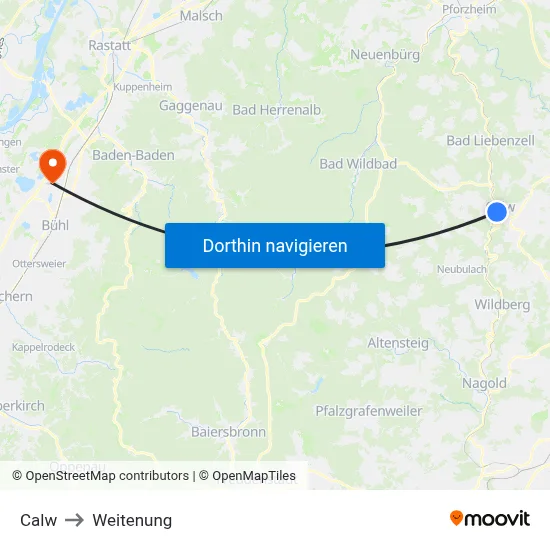 Calw to Weitenung map
