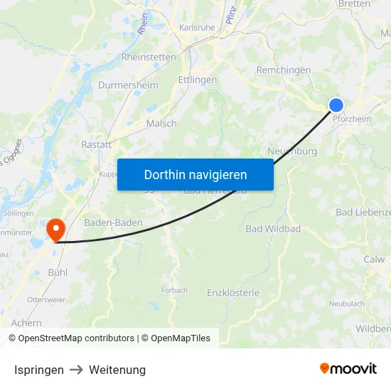 Ispringen to Weitenung map