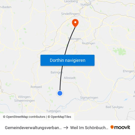 Gemeindeverwaltungsverband Meßstetten to Weil Im Schönbuch (Kernort) map