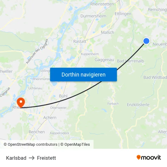 Karlsbad to Freistett map
