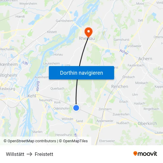 Willstätt to Freistett map