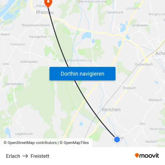 Erlach to Freistett map