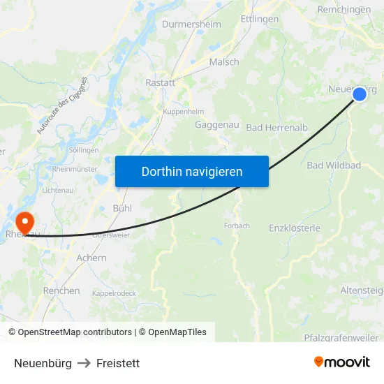 Neuenbürg to Freistett map