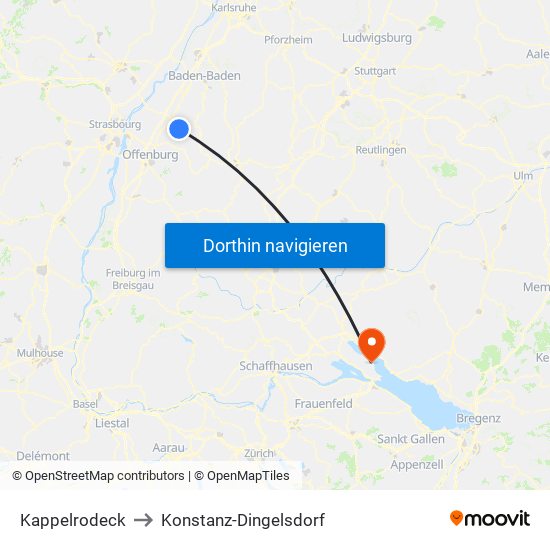Kappelrodeck to Konstanz-Dingelsdorf map
