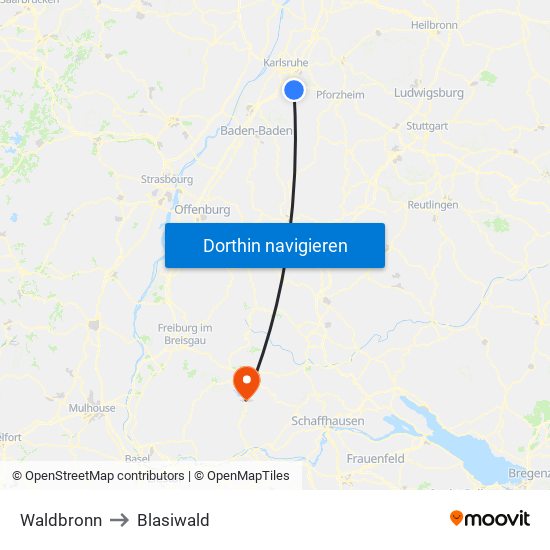 Waldbronn to Blasiwald map