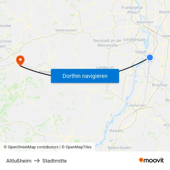 Altlußheim to Stadtmitte map