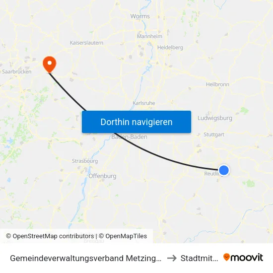 Gemeindeverwaltungsverband Metzingen to Stadtmitte map