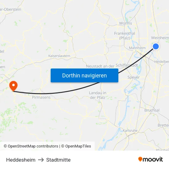 Heddesheim to Stadtmitte map