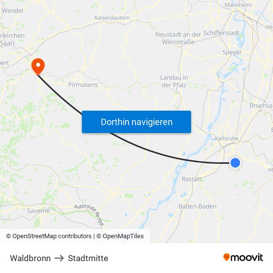 Waldbronn to Stadtmitte map