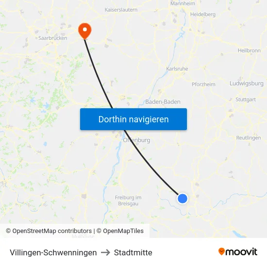 Villingen-Schwenningen to Stadtmitte map