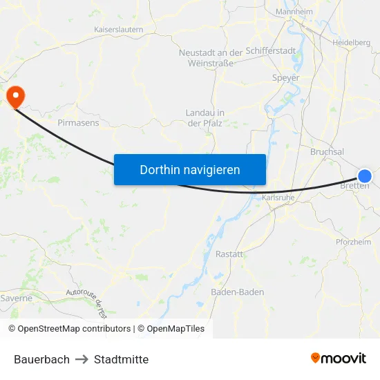 Bauerbach to Stadtmitte map