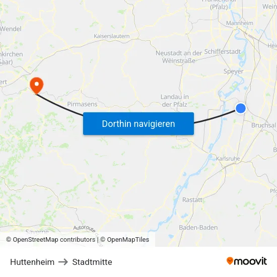 Huttenheim to Stadtmitte map