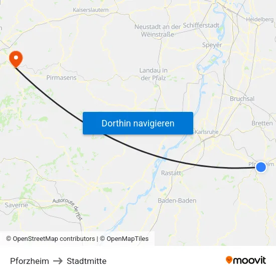 Pforzheim to Stadtmitte map