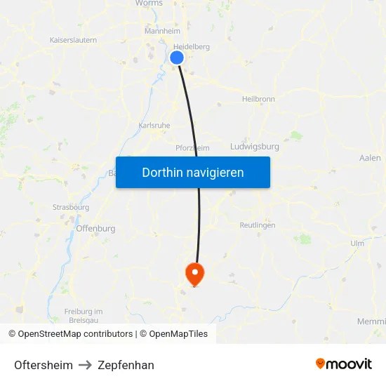 Oftersheim to Zepfenhan map