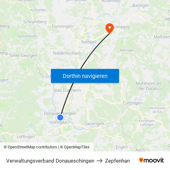 Verwaltungsverband Donaueschingen to Zepfenhan map