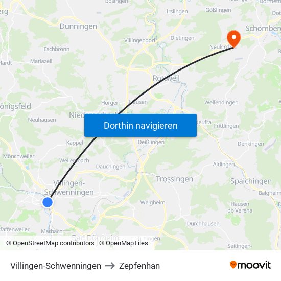Villingen-Schwenningen to Zepfenhan map