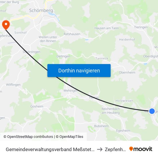 Gemeindeverwaltungsverband Meßstetten to Zepfenhan map