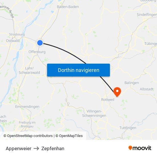 Appenweier to Zepfenhan map