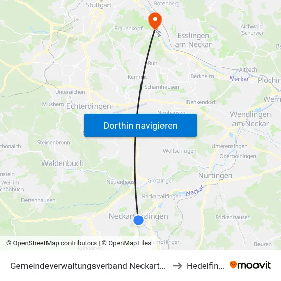 Gemeindeverwaltungsverband Neckartenzlingen to Hedelfingen map