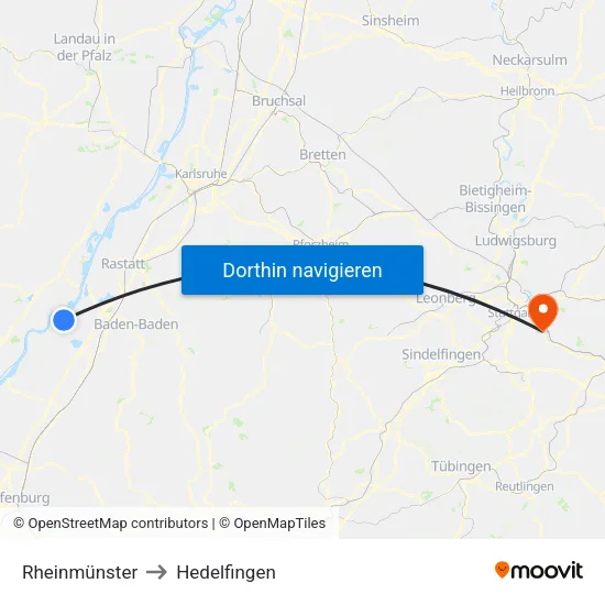 Rheinmünster to Hedelfingen map