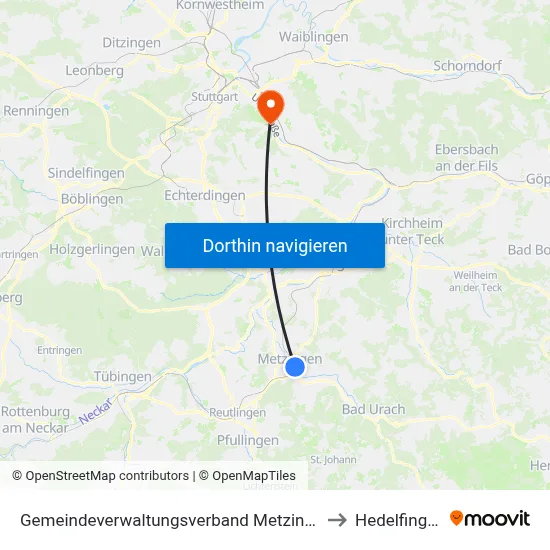 Gemeindeverwaltungsverband Metzingen to Hedelfingen map