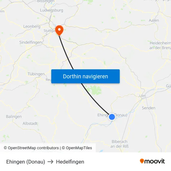Ehingen (Donau) to Hedelfingen map