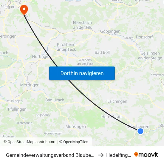 Gemeindeverwaltungsverband Blaubeuren to Hedelfingen map