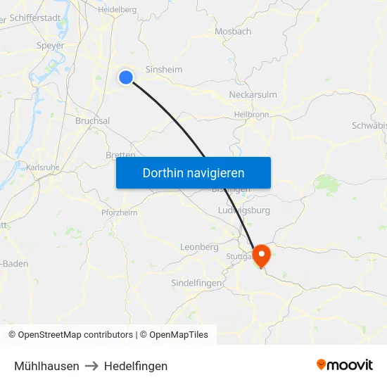 Mühlhausen to Hedelfingen map