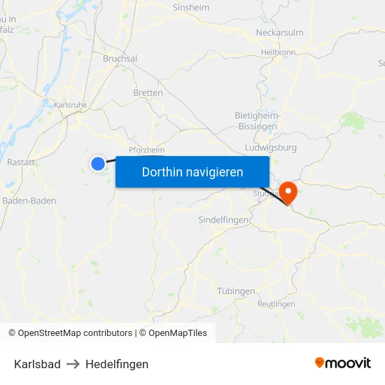 Karlsbad to Hedelfingen map