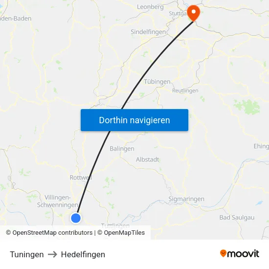 Tuningen to Hedelfingen map
