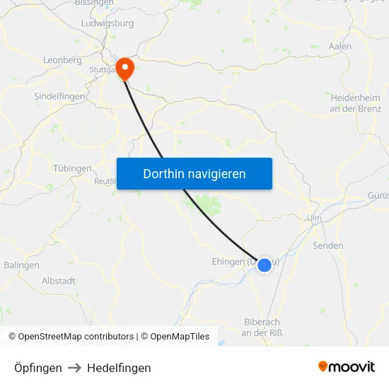 Öpfingen to Hedelfingen map