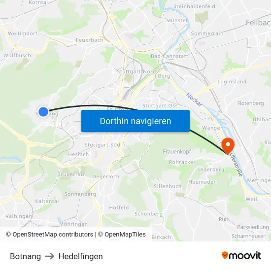 Botnang to Hedelfingen map