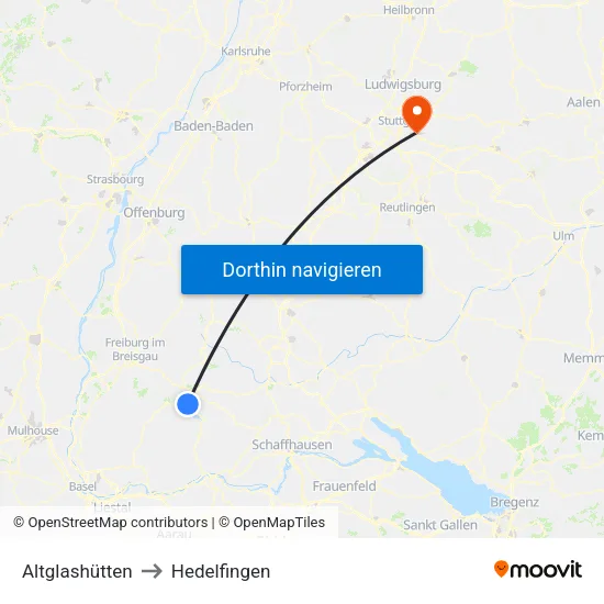 Altglashütten to Hedelfingen map