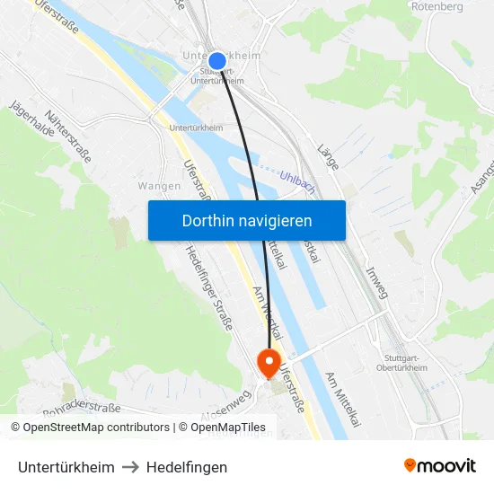Untertürkheim to Hedelfingen map