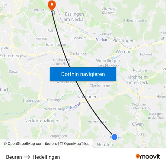 Beuren to Hedelfingen map